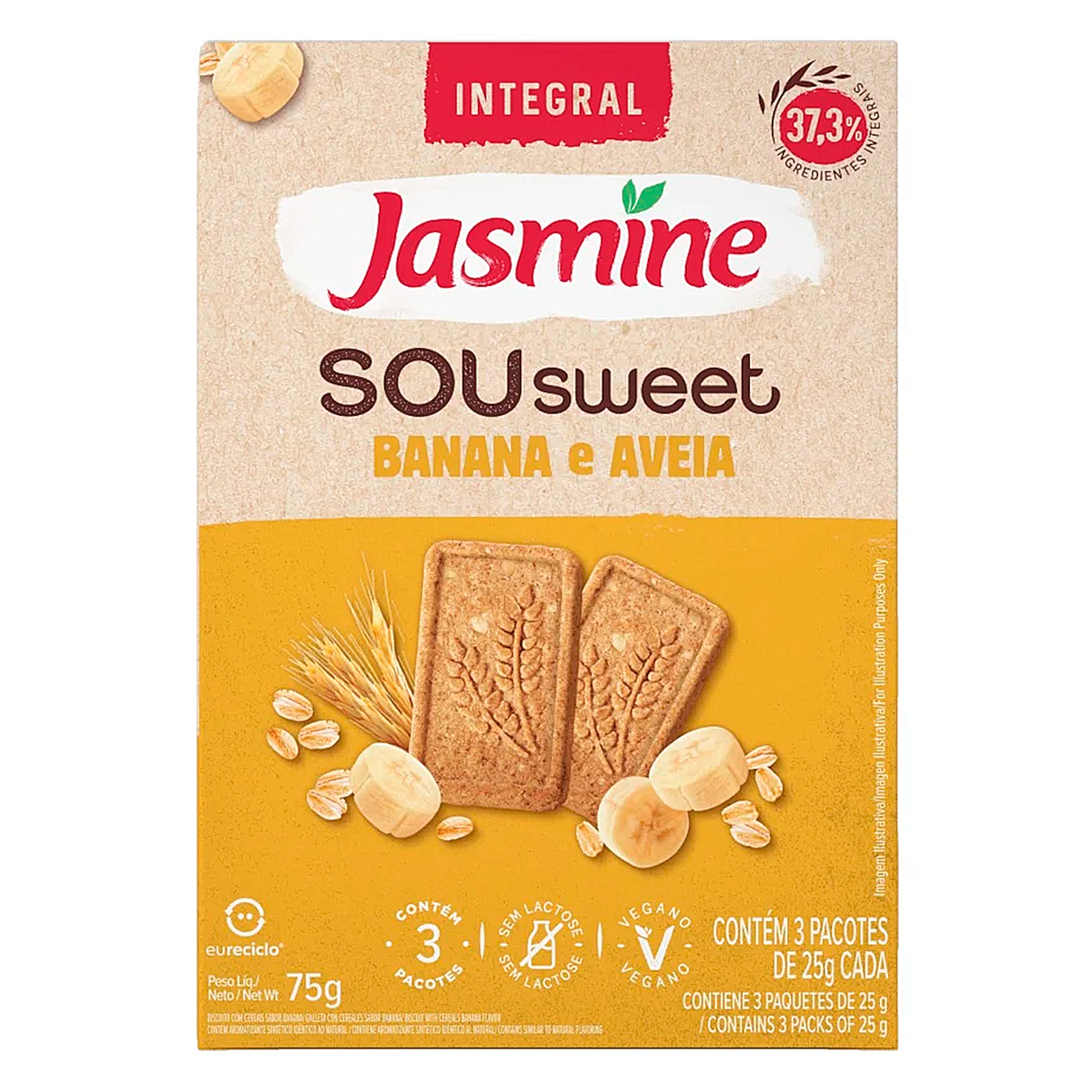 Biscoito Sou Sweet Banana e Aveia Integral Jasmine Caixa 75g