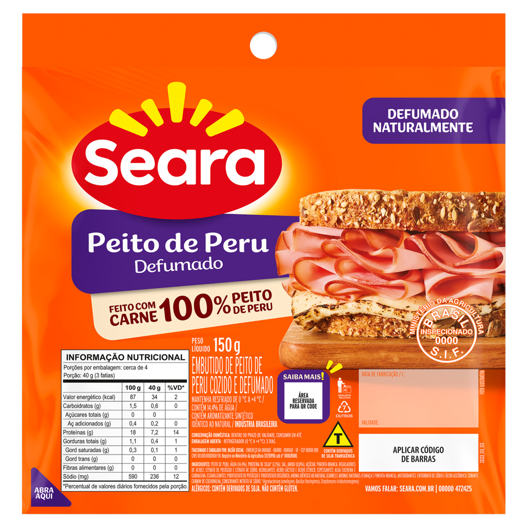 Peito de Peru Defumado Fatiado Seara Pacote 150g&nbsp;