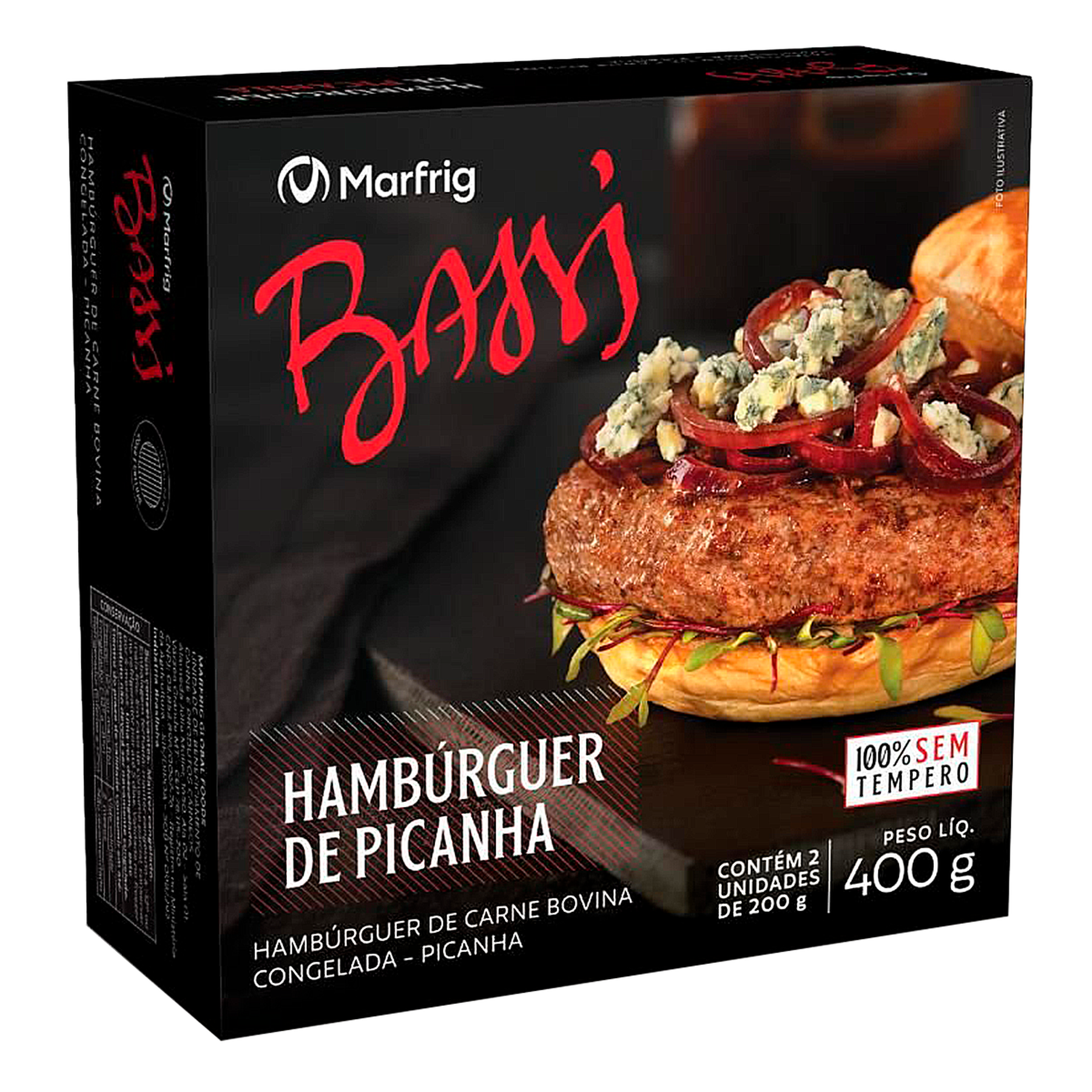 Hamb&uacute;rguer de Carne Bovina Picanha Bassi Marfrig Caixa 400g C/2 Unidades