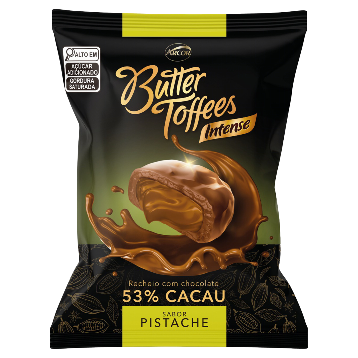 Bala Recheio Chocolate 53% Cacau Pistache Butter Toffees Intense Pacote 90g