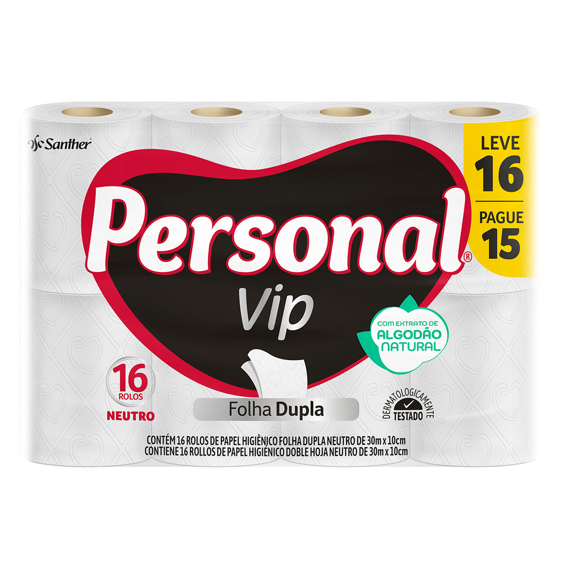 Papel Higiênico Folha Dupla Neutro Personal Vip 30m Pacote C/16 Unidades - Embalagem Leve 16 Pague 15 Unidades