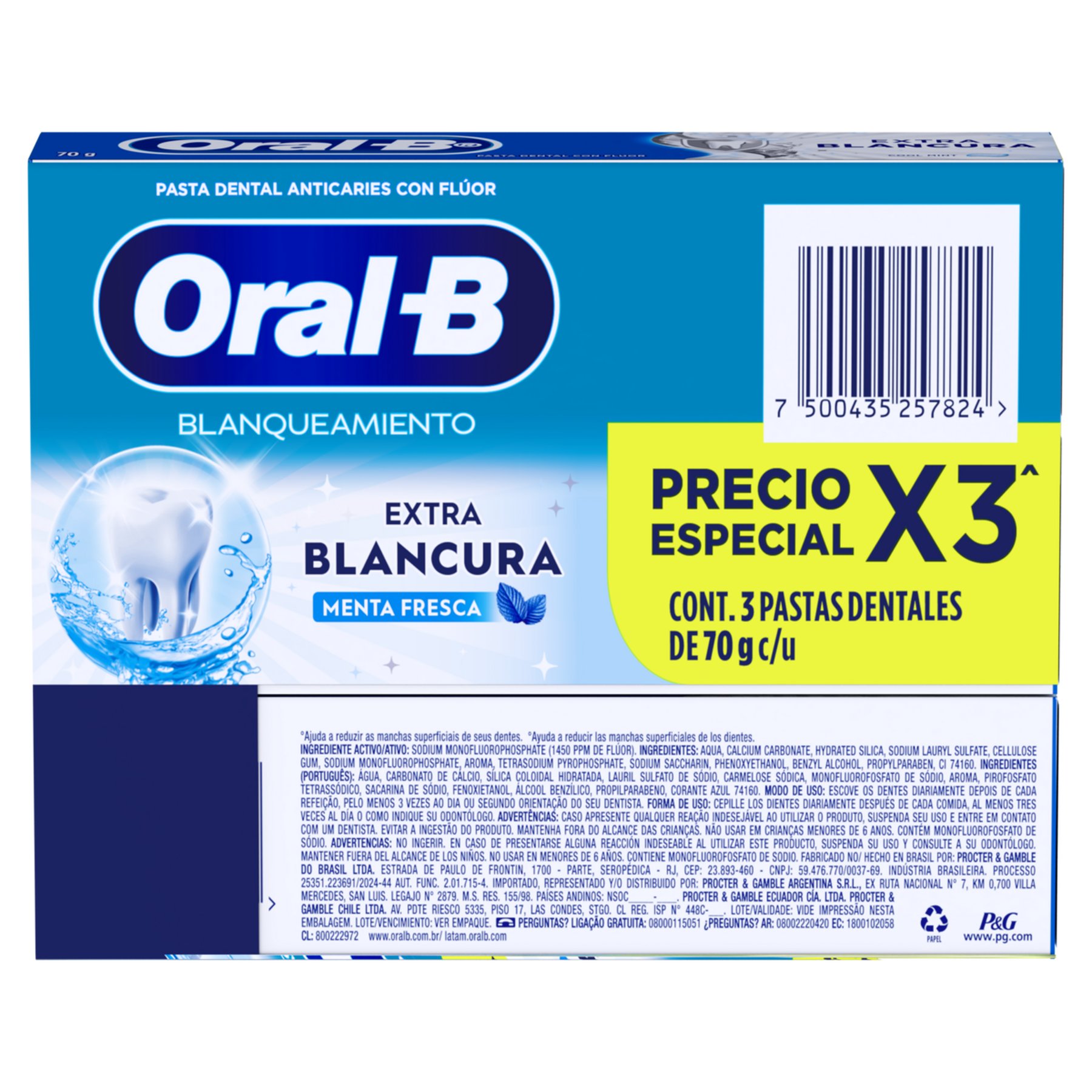 Pack Creme Dental Menta Fresca Oral-B Extra Branco Caixa C/3 Unidades 70g Cada