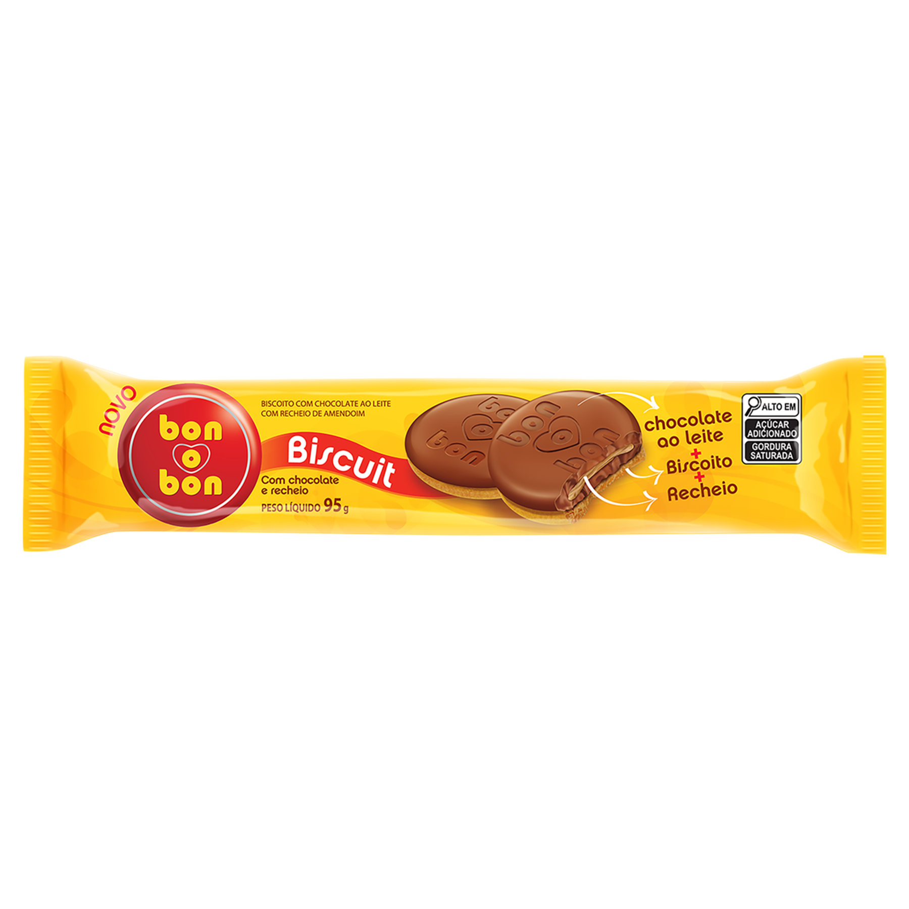 Biscoito Chocolate ao Leite Recheio Amendoim Bon o Bon Biscuit Pacote 95g