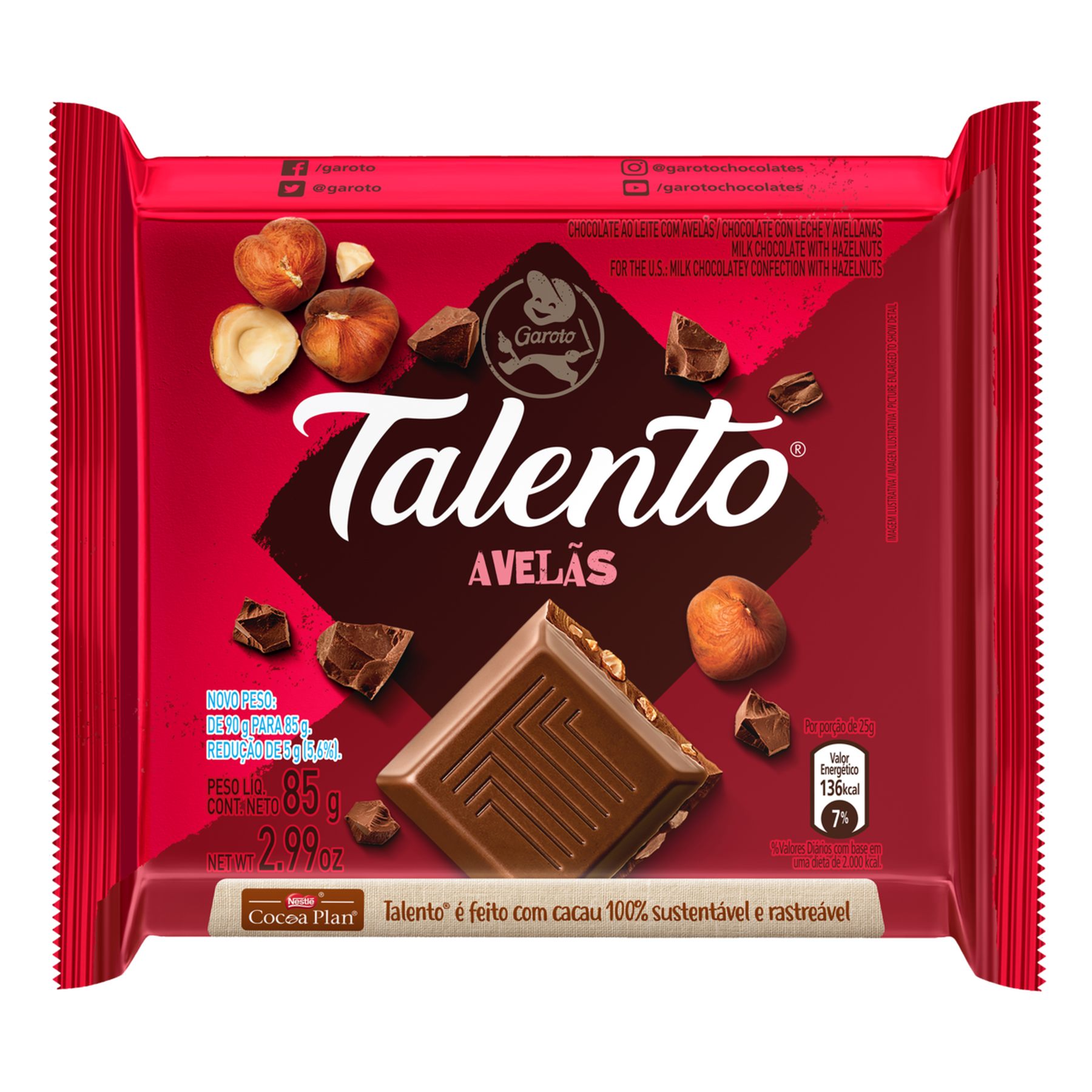 Chocolate ao Leite com Avelãs Garoto Talento Pacote 85g