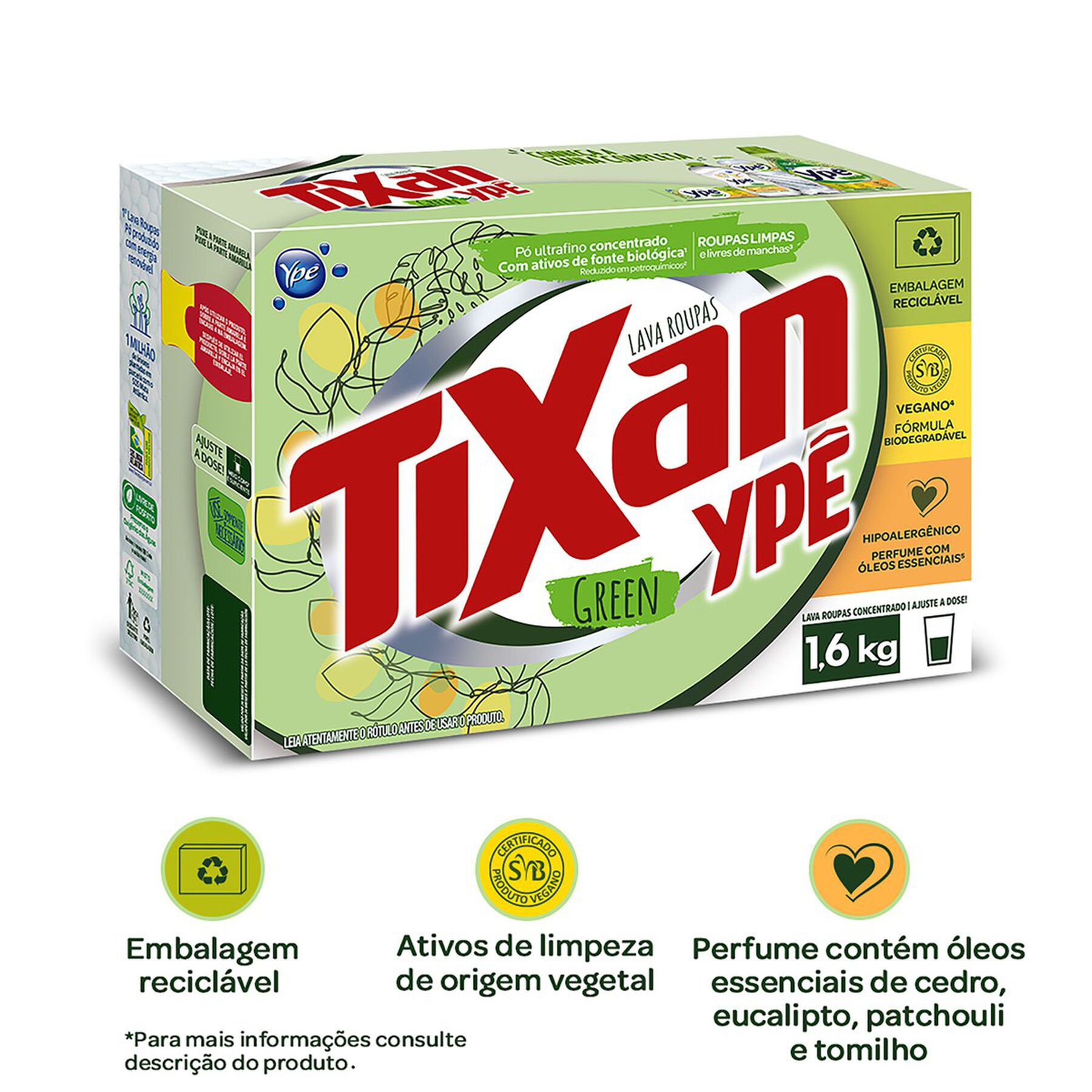 Sab&atilde;o em P&oacute; Lava Roupas Concentrado Green Tixan Yp&ecirc; Caixa 1,6kg