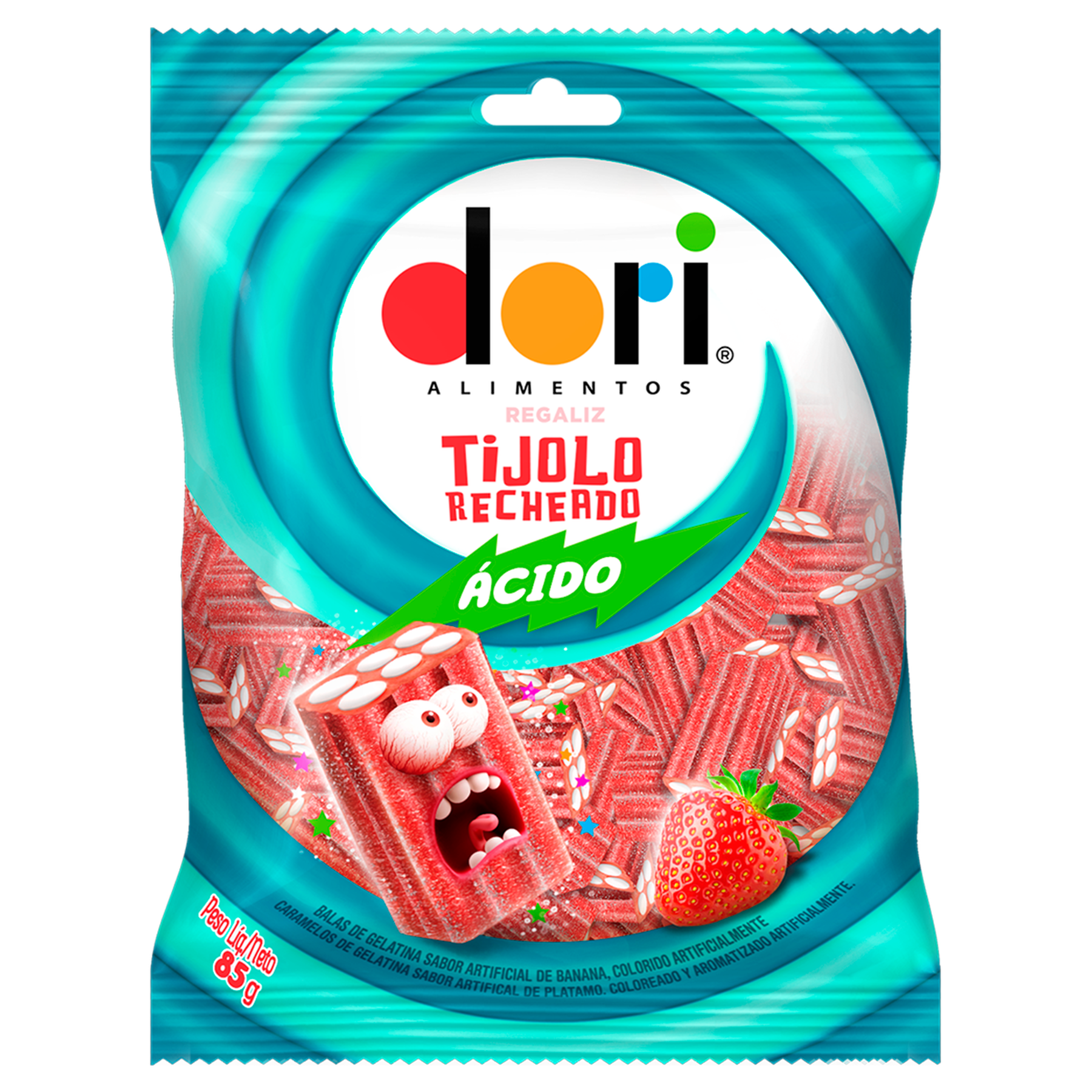 Bala Regaliz Tijolo Recheado de Morango Ácido Dori 85g