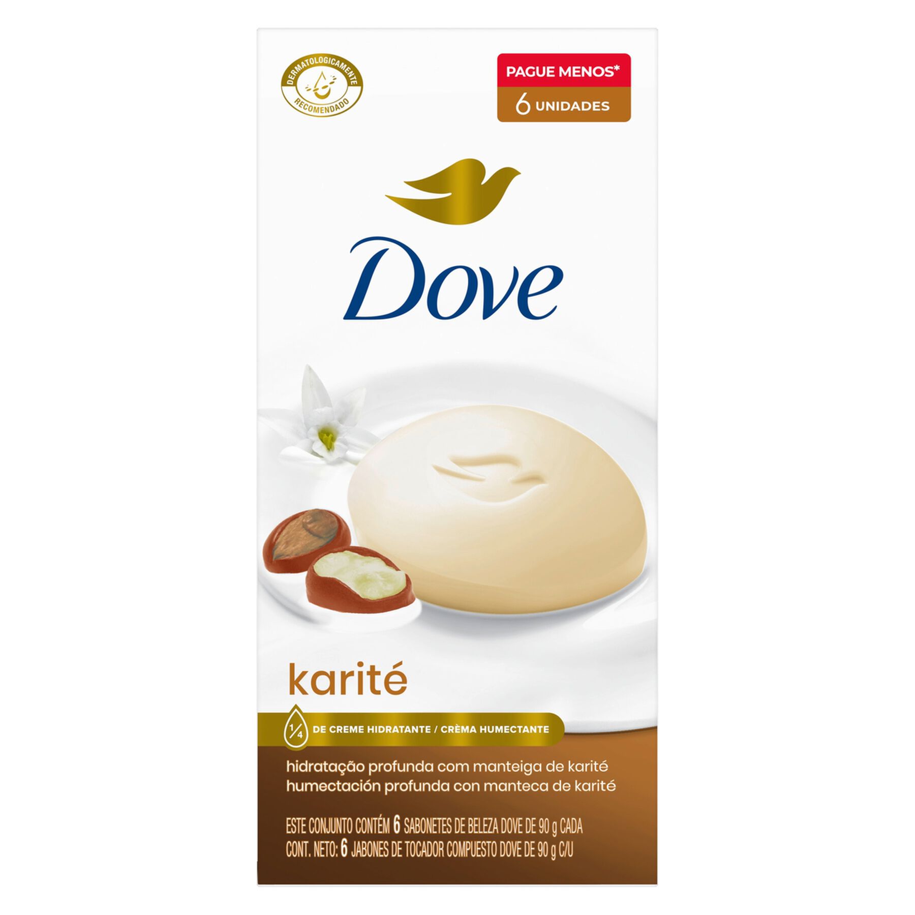 Sabonete em Barra Manteiga de Karit&eacute; e Baunilha Dove Envolt&oacute;rio 540g C/6 Unidades - Embalagem Leve Mais Pague Menos