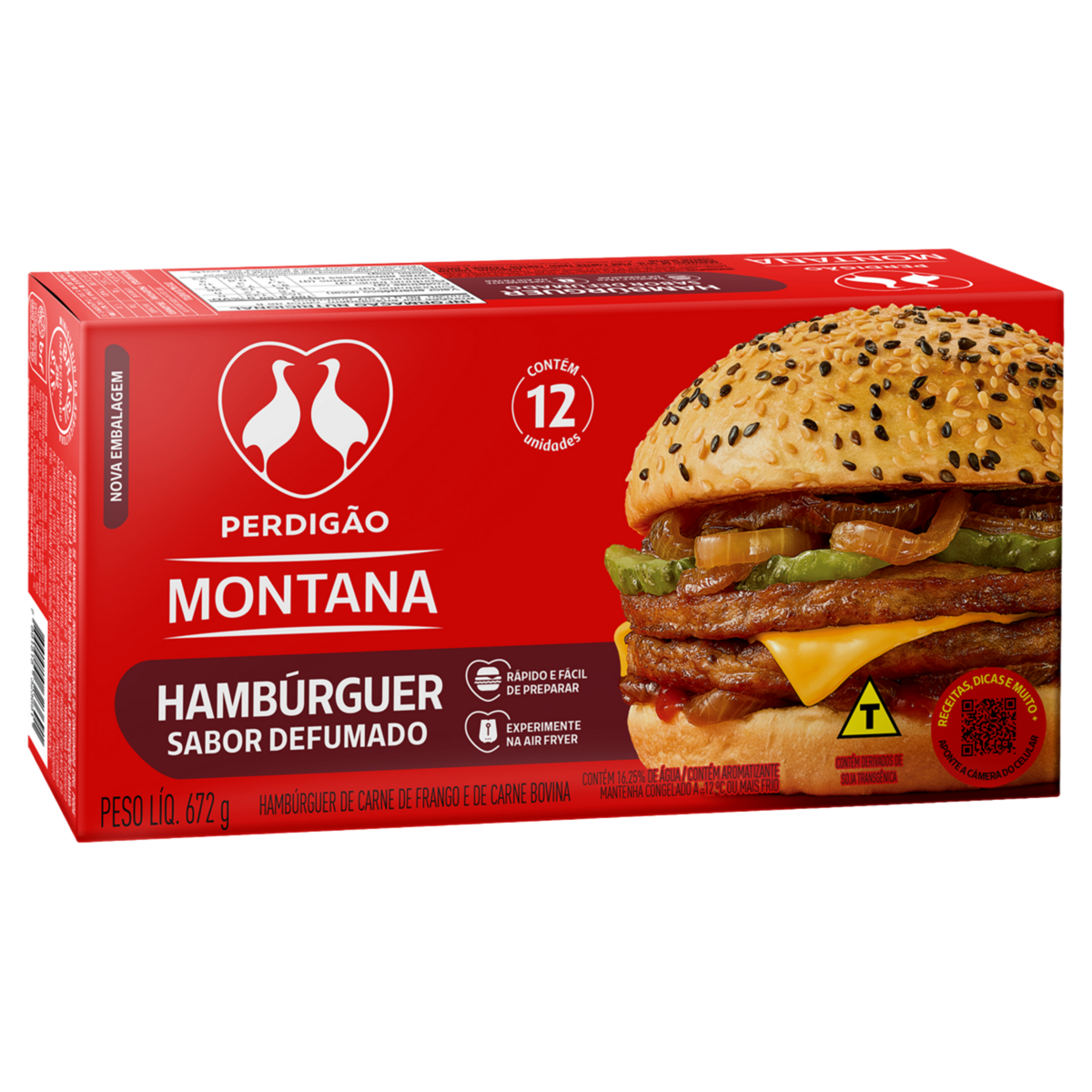 Hamb&uacute;rguer de Carne de Frango e Bovina Defumado Perdig&atilde;o Montana Caixa 672g 12 Unidades