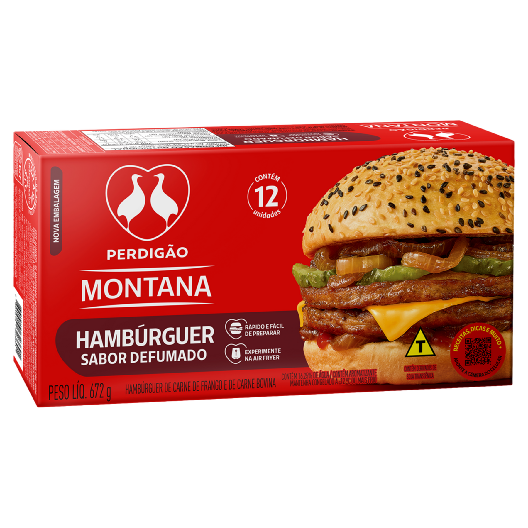 Hamb&uacute;rguer de Carne de Frango e Bovina Defumado Perdig&atilde;o Montana Caixa 672g 12 Unidades