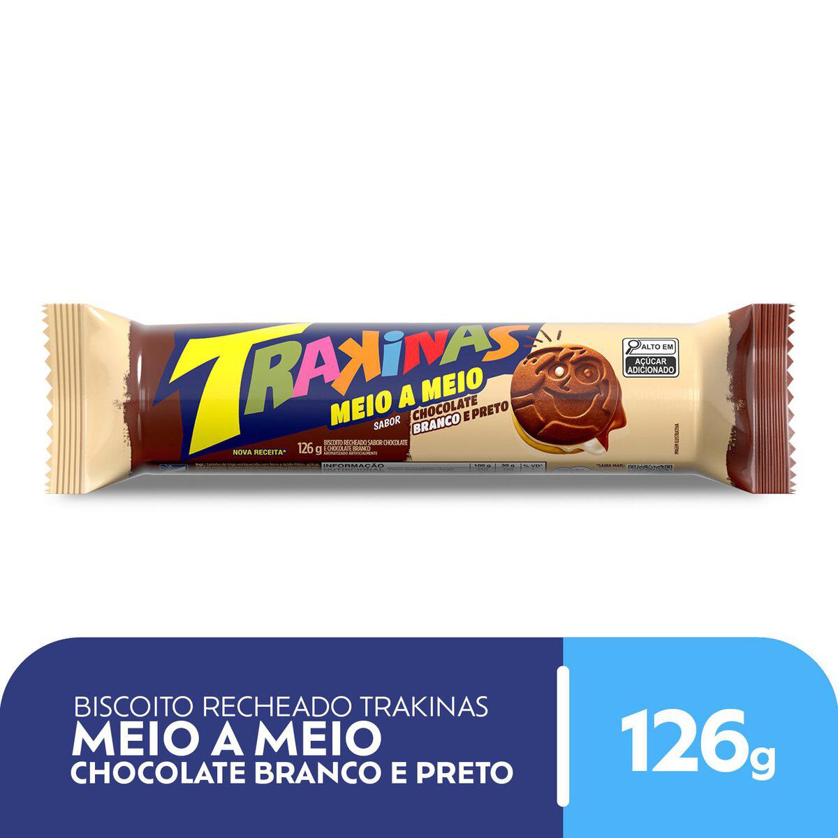 Biscoito Recheio Chocolate Branco e Preto Trakinas Meio a Meio Pacote 126g